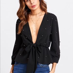 Front tie blouse with pearl detail